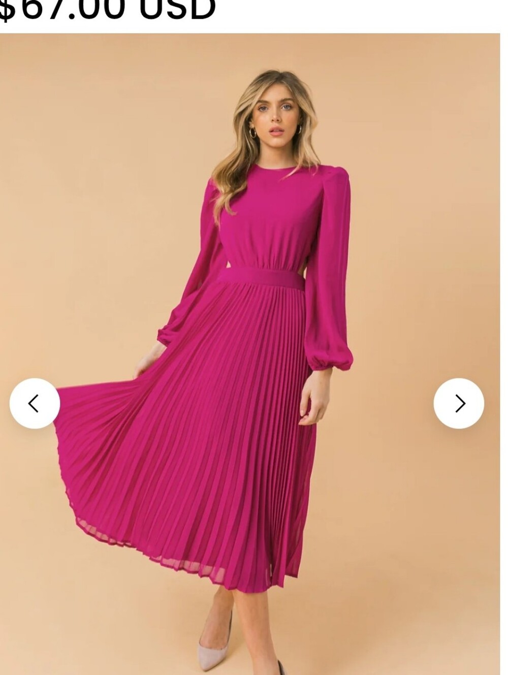 VICI Magenta Pleated Long-Sleeve Midi Dress:M
